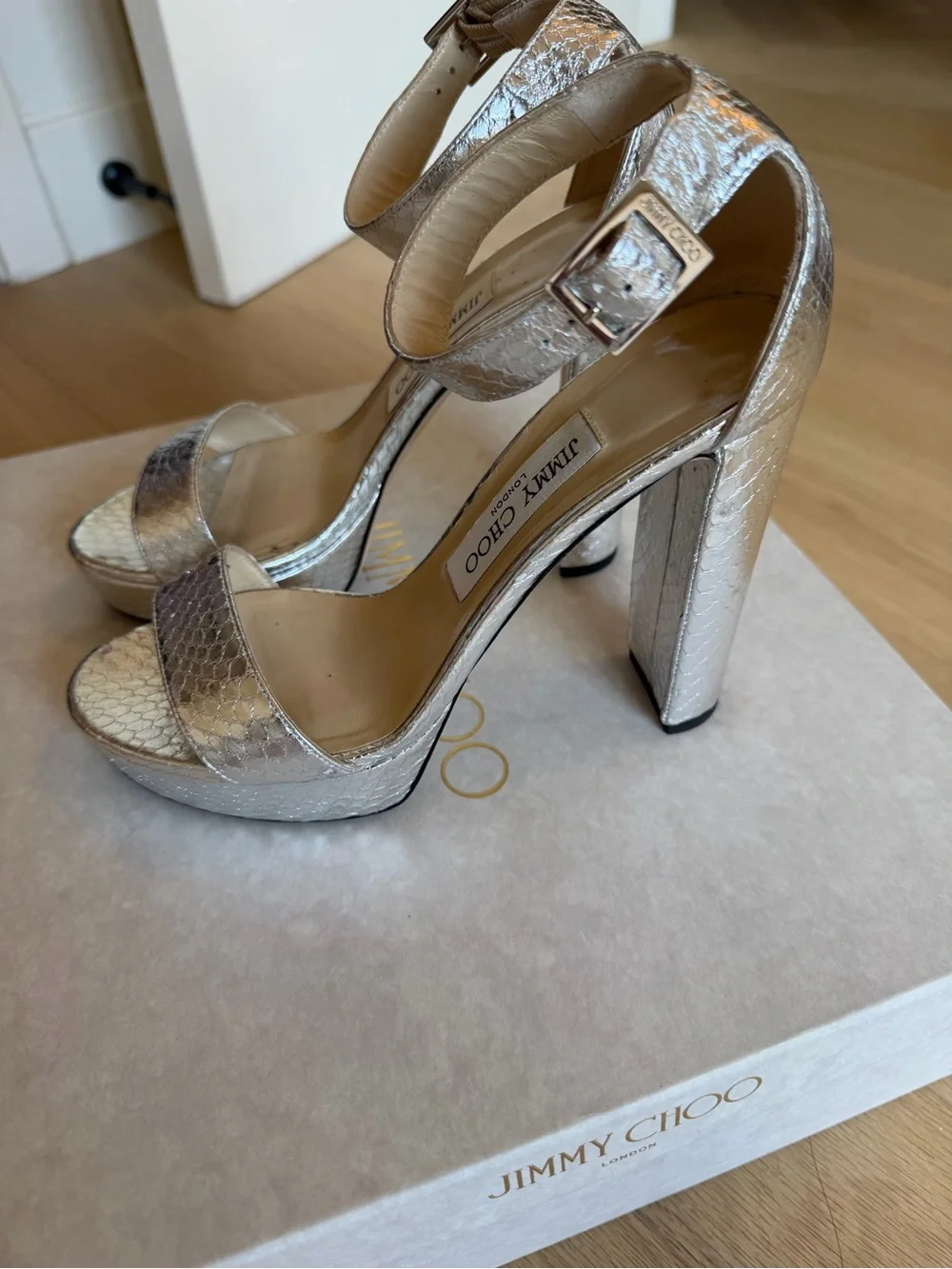 Jimmy Choo Metallic Silver Platform Block Heel Sandals